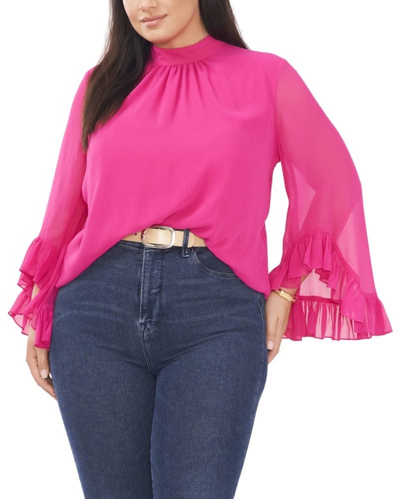 Front of a model wearing a size 1X Shanna Stand collar Blouse in Pomegranate Pink by Vince Camuto. | dia_product_style_image_id:261425